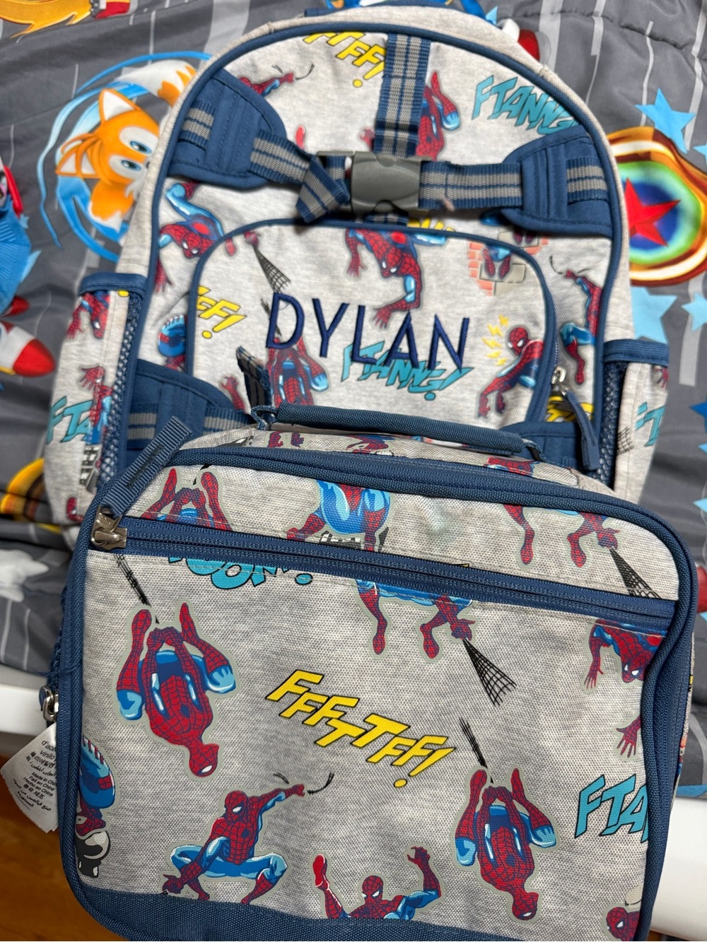 Pottery Barn Kids Gray, Blue & Red Spider-Print Backpack - Personalized "Dylan"